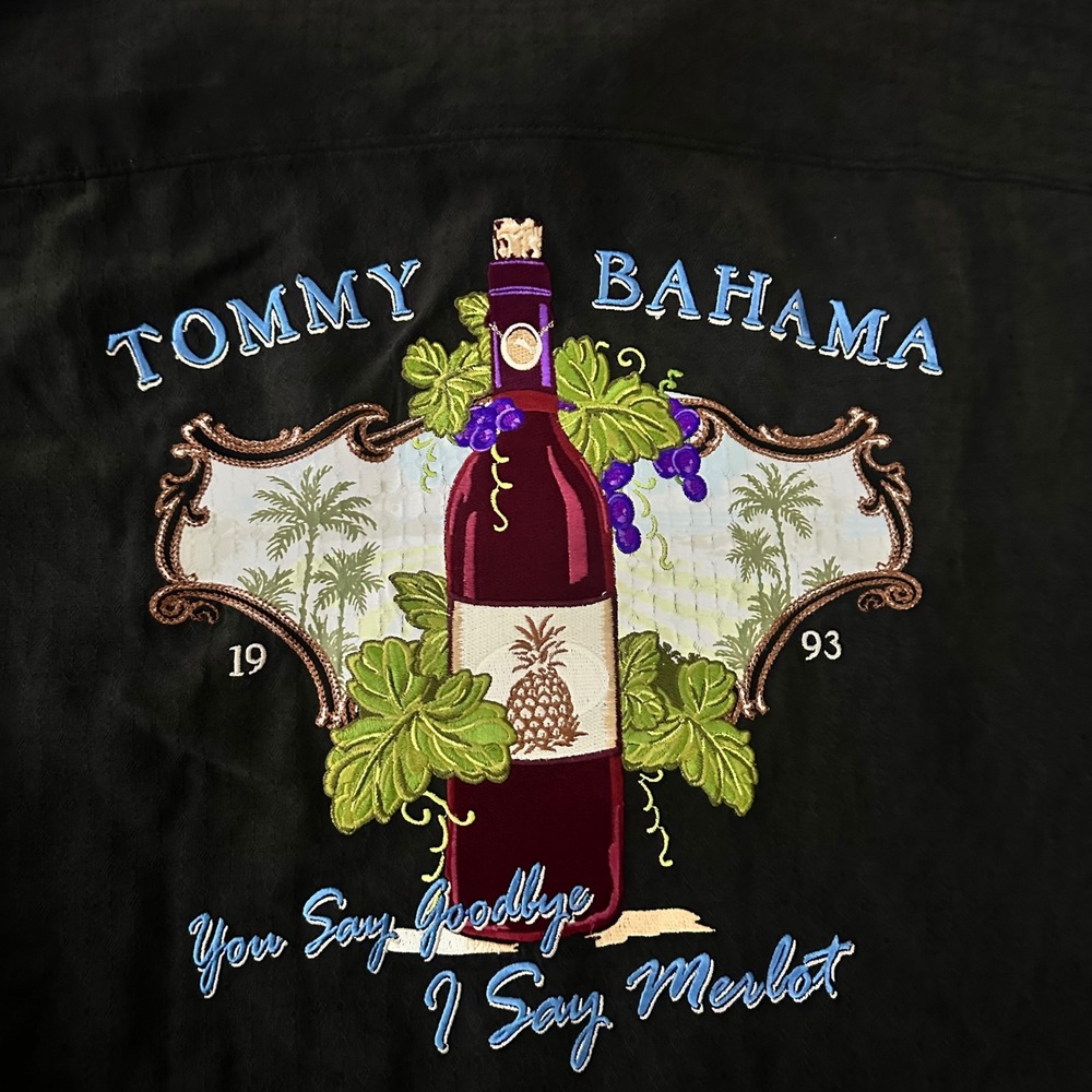 Tommy Bahama Silk Shirt Mens S Black Goodbye Merlot Wine Embroidered - Picture 8 of 10